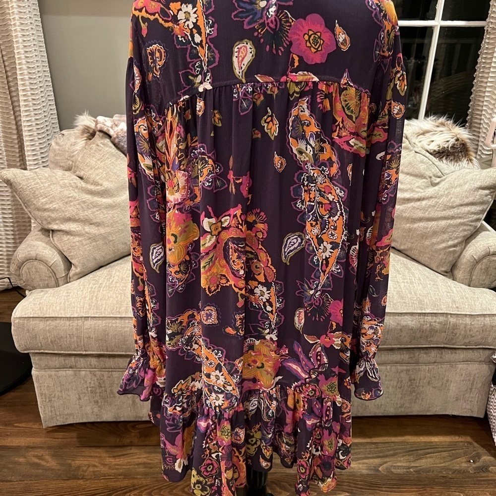 Free People Ibiza Nights Purple Floral Mini Dress Button Up Size Large - Picture 4 of 7